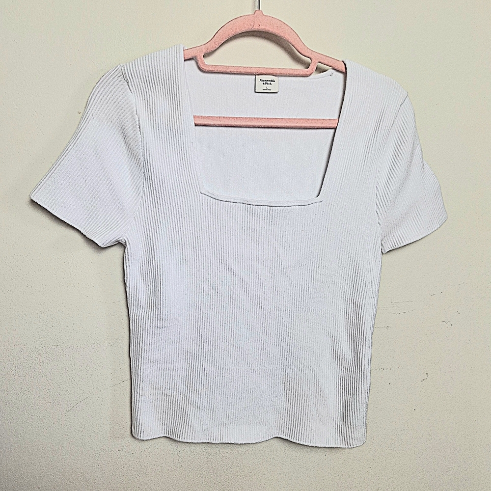 Abercrombie & Fitch Neutral White Ribbed Square Neck Short Sleeve Top Size Large